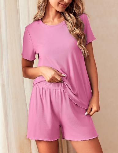 Image of Ekouaer 2 Packs Women Pajama Set Short Sleeve Sleepwear Soft Top and Shorts | Casual Pjs Outfits Ribbed Knit Lounge Set with Pockets