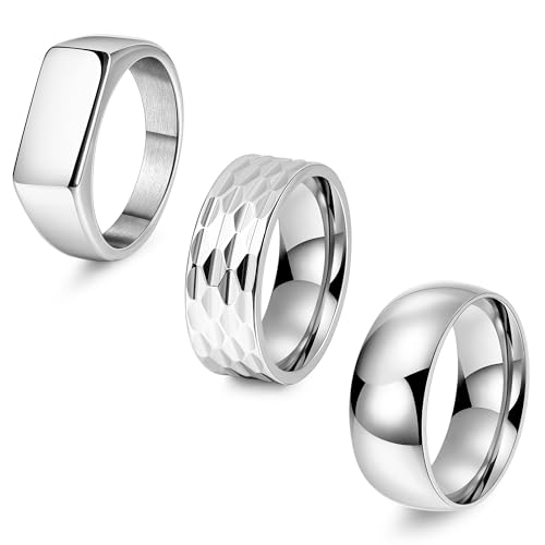 REVOLIA 3Pcs Stainless Steel Rings for Men 8MM Hammered Wedding Ring Set Square Signet Rings Pinky Silver Ring Simple Mens Band Rings Gold/Black/Silver Size 7-13 Silver-10