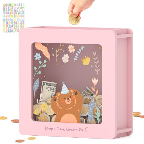 Image of Summidate Wooden Piggy Bank for Kids Girls, Money Savings Bank with Clear Removable Windows and DIY Stickers, Kids Visual Cash Vault Box for Teens, Birthday