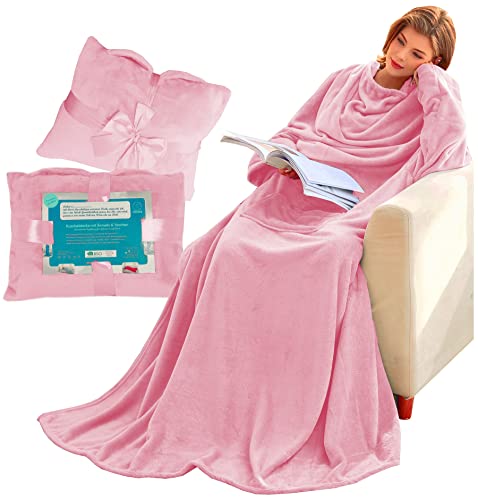 Lucadeau - Coperta con maniche e tasche, idea regalo di compleanno per mamme, sorelle, fidanzate, regalo di inaugurazione per la casa, divani, TV, 150 x 200 cm (rosa pallido)
