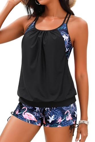 Image of Holipick Tankini Swimsuits Two Piece Tummy Control Bathing Suits Blouson Swim Tank Top with Boy Shorts