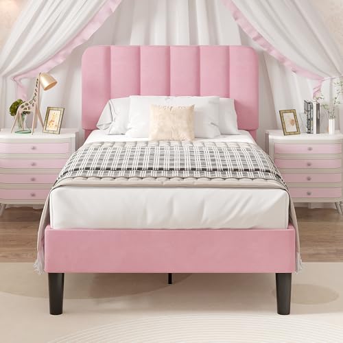 Image of VECELO Twin Size Bed Frame with Upholstered Headboard, Velvet Platform Bedframe Mattress Foundation, Strong Wood Slat Support, No Box Spring Needed,Pink