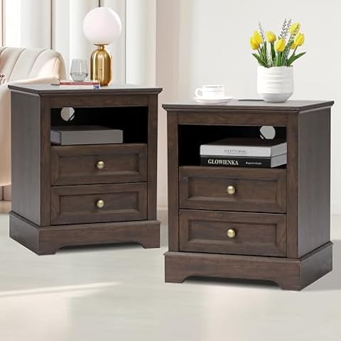 KIGOTY Farmhouse Nightstand with Charging Station, Bedside Table with 2 Drawer,Open Compartment, Side Table with Storage, End Table for Bedroom (Brown, 2 Pack) Cover