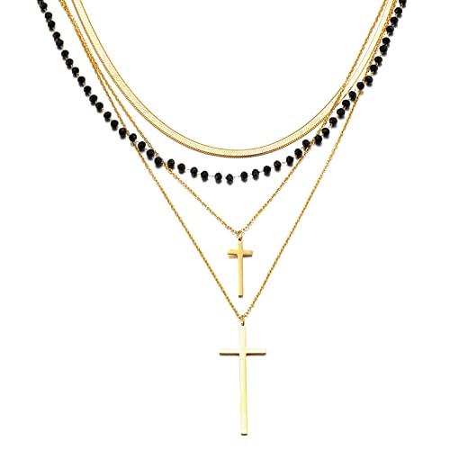 Layered Necklaces For Women Girls, Adjustable Stainless Steel Black Beaded Layering Choker Handmade 14K Gold Plated Cross Pendant Necklace Multilayer Snake Chain Set Gold Necklace Jewelry Gifts #TOP8