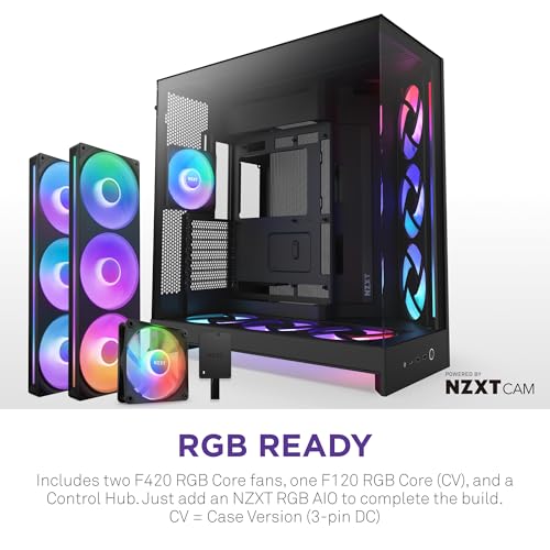 Image of NZXT H9 Flow RGB+ (2025) - Large Dual-Chamber ATX Mid-Tower Airflow PC Case - Includes 7 RGB Fans (6 x 140mm, 1 x 120mm) & Control Hub - 420mm Radiator Support - Back-Connect Ready - Black