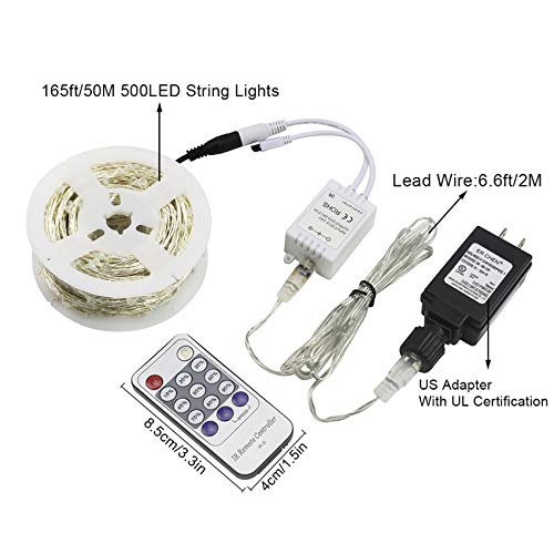 Erchen Adapter Powered Led Starry String Lights, 165Ft 50M 500 Led Plug In Dimmable Remote Control Silver Copper Wire Fairy Lights For Wedding Christmas Party Home Decor (Warm White) #TOP1