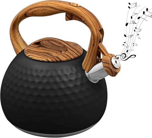 Bouilloire sifflante 3 l en acier inoxydable avec poignée effet bois bouilloire inox pour cuisinière induction gaz électrique (Noir)