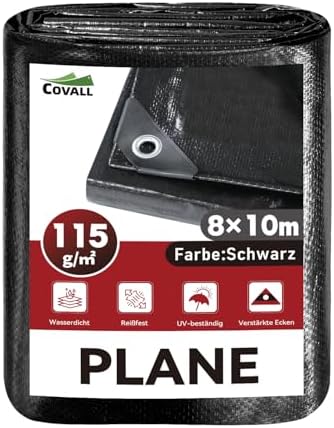 COVALL Schwarz Abdeckplane 8x10 m, 115g/m² wasserdicht, robust & reißfest | Wasserdicht, UV-beständig & reißfest – PE Plane für Camping, Garten, Fahrzeuge und Trampolin