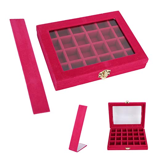 24 Gitter Schmuckkästchen, 24 Gitter Samt Glas Schmuckkästchen Ring Schmuck Display Aufbewahrungsbox zum Aufbewahren verschiedener Arten von Schmuck und Werkzeugen(Rose Rot) Cover