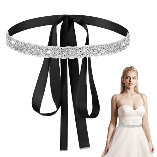 Rhinestone Belt for Formal Dress, Bridal Handmade Rhinestone Wedding Dress Belt for Women, Sparkly Crystal Belt with Black Ribbon for Formal Dress, Party, Holiday Celebration