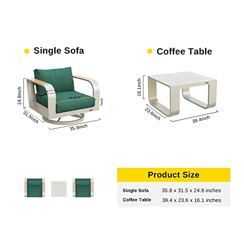 East Oak Signature 3 Pieces Patio Furniture Set, Outdoor Furniture With Aluminum Frame Finest Teak Wood Armrest Cushion Sofa And Table, Modern Patio Conversation Set For Garden Porch, Champagne&Green #TOP7