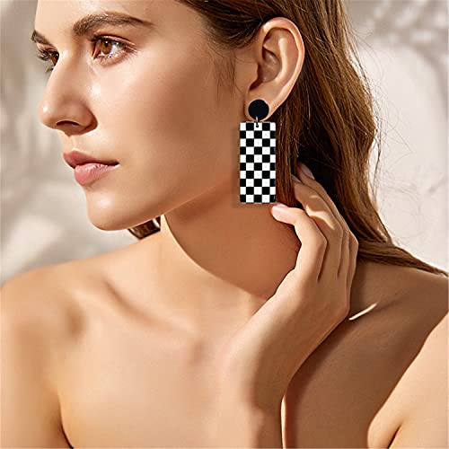 Unique Acrylic Black White Striped Checkered Dangle Drop Earrings Heart Flower Pattern Stud Earrings for Women Statement4