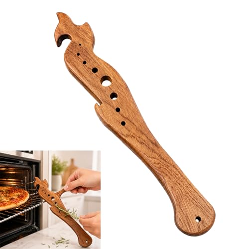 Oven Rack Puller and Pusher Tool 3-in-1 Wooden Multi-Functional Kitchen Gadget with Herb Stripper & Bottle Opener Pull Out Hot Racks Safely for Toaster Ovens Air Fryers Baking