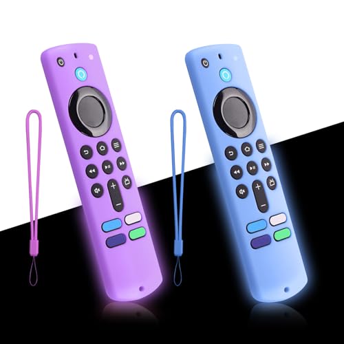 2-Pack Glowing Remote Cover Silicone Protective Case with Lanyard Glow Blue and Glow Purple Compatible with Smart TV Remote Controller