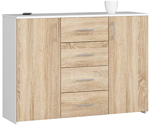 AKORD Commode 4 Tiroirs et 2 étagères avec Portes K45 | L110 x H80 x P35 cm | Moderne Bahut Meubles de Salon TV | Buffet Salle a Manger Chambre | Poids 43 kg