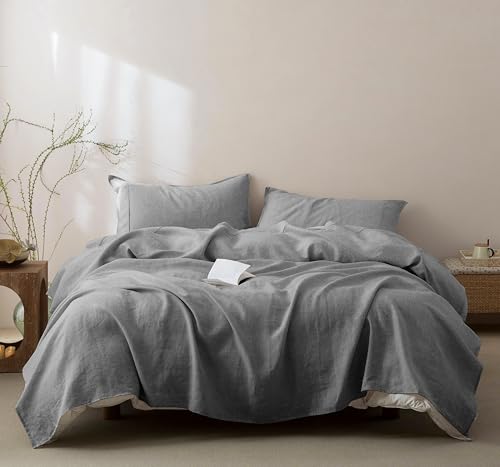 Talasily 100% French Pure Linen Sheets Set Queen Size,Oeko-TEX Certified Bedding, All-Season Breathable for Hot Sleepers,16 Inch Deep Pocket Machine Washable 4-Piece (Earl Grey)