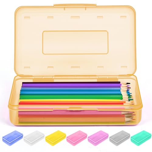 Image of Sooez 1 Pack Pencil Case, Clear Pencil Box with Stickers, Large Plastic Crayon Box with Snap-tight Lid, Stackable Storage Art Craft Marker Organizer for Kids Boys Back to School, Orange