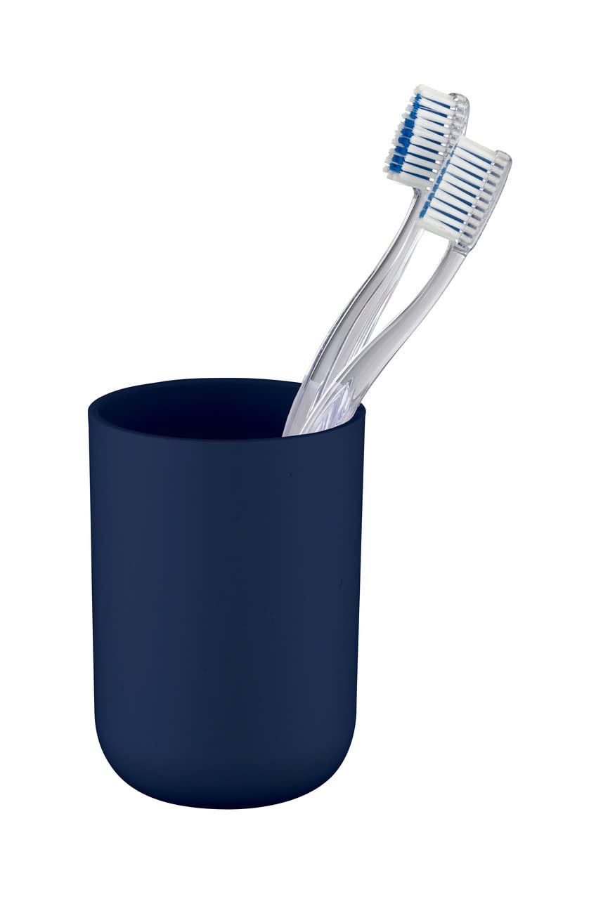 WENKO Bad-Accessoire Set Mod. Brasil, 4-teilig, Zahnputzbecher, Seifenspender, WC-Garnitur & Schwingdeckeleimer, für einheitliche Badausstattung, bruchsicherer Spezialkunststoff, Dunkelblau