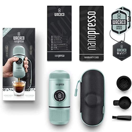 WACACO Nanopresso Portable Espresso Maker Bundled with Protective Case, Upgrade Version of Minipresso, Mini Travel Coffee Maker, Perfect for Camping, Travel and Office (Arctic Blue), BaregAB