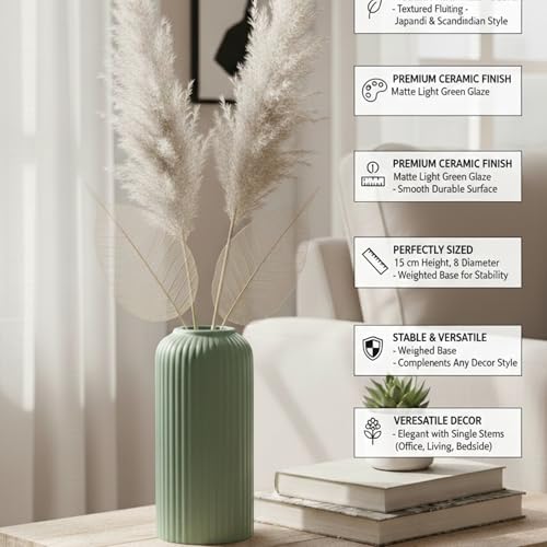 Image of KREATIVE ART'S Modern Ribbed Design Ceramic Flower Vase for Living Room, Flower Pots for Artificial Flower, Home Decoration Item, Home Decor, Vases for Living Room (Light Green, Medium)