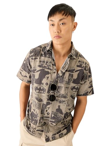 Image of The Souled Store Official Batman: 1989 Men and Boys Short Sleeve Collared Neck Button Down Grey All Over Print Cotton Summer Shirts