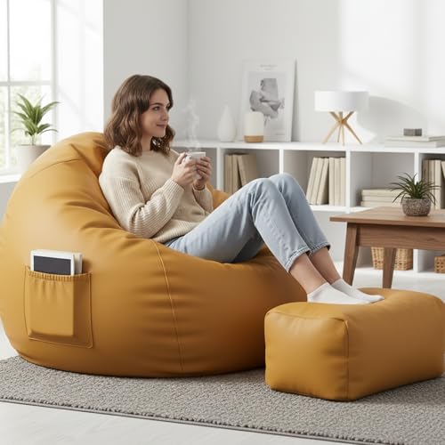 Image of Luxury 5XL Jumbo Bean Bag with Footrest & Cushion | Premium Leatherette | High-Density Beans Filled | Heavy Duty Double Stitch | 6 Months Warranty Color- (Navy Blue) (Yellow)