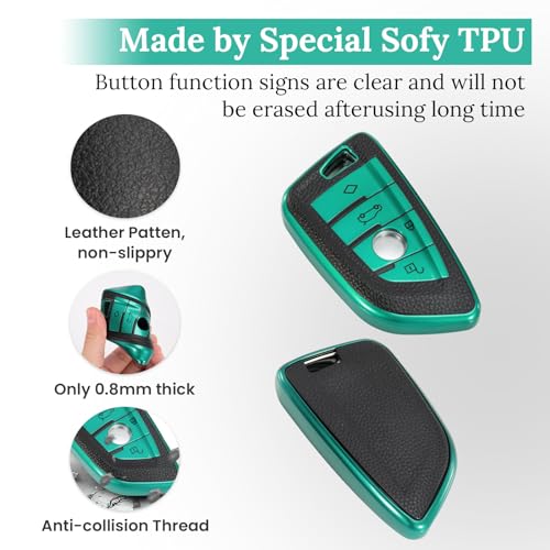 Image of Key Fob Cover for BMW, Leather-Style Keychain Tab Cover, Green