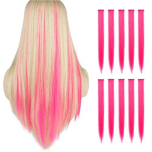 TOFAFA 22 inch Colored Hair Extensions straight Hairpiece,Multi-colors Party Highlights Clip in Synthetic Hair Extensions ( 10pcs Hot Pink)