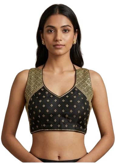Women's Black and Gold Embroidered Blouse, V-Neck, Sleeveless, Ethnic Wear-picture-19