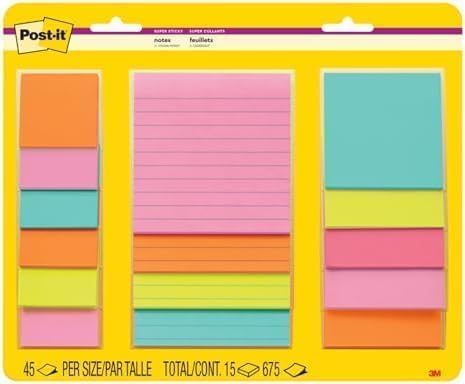 Post-it Super Sticky Notes Supernova Neons de varios tamaños Forrado Doble poder de adherencia 15 almohadillas, paquete de 12