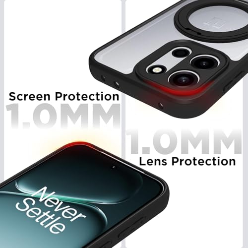 Image of RIGGEAR Shockproof Sleek Hybrid Armor 360 Rotating Magnetic Ring Stand Back Cover Case Compatible with MagSafe Accessories for OnePlus Nord 6 5G / Nord CE 6 5G (Clear PC + Black TPU Bumper)