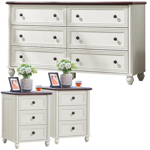 Farmhouse Dressers & Night Stand Set of 3, Wood 54'' Wide Dresser & 18'' Chest of Drawers, Roman Column 3 Drawers Nightstand Set of 2, Bedroom Furniture Dresser Suites for Living Room, Hallway Home