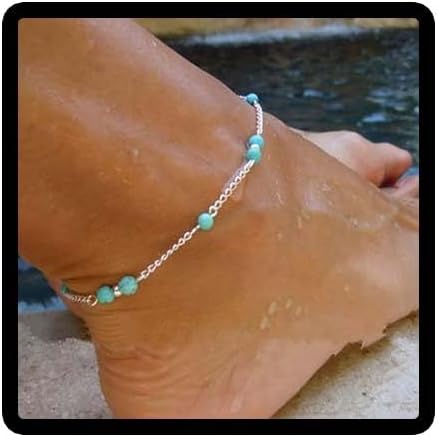 Boho Turquoise Anklets Silver Beaded Anklet Bracelets Beach Accessories Foot Jewelry Adjustable for Women and Girls