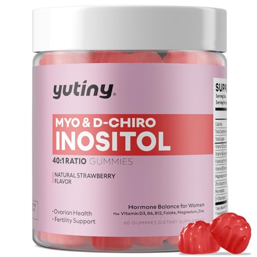 Yutiny Myo-Inositol & D-Chiro Inositol Gummies, Vitamin B6 B12 & Folate for Women, Vegan, Sugar Free, Strawberry Flavor, 60 Count