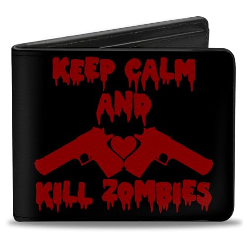 Buckle-Down Men's Standard Wallet, Bifold, Keep Calm and Kill Zombies Guns Heart Black Red, Vegan Leather, 4.0