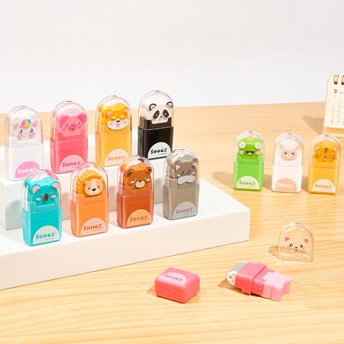 Image of Sooez 24 Pack Pencil Erasers, Cute Animal Eraser with Clean up Roller and Cover, Latex-Free, Bulk Art Drawing Erasers for Students & Teacher Classroom /School Supplies, Party Favor