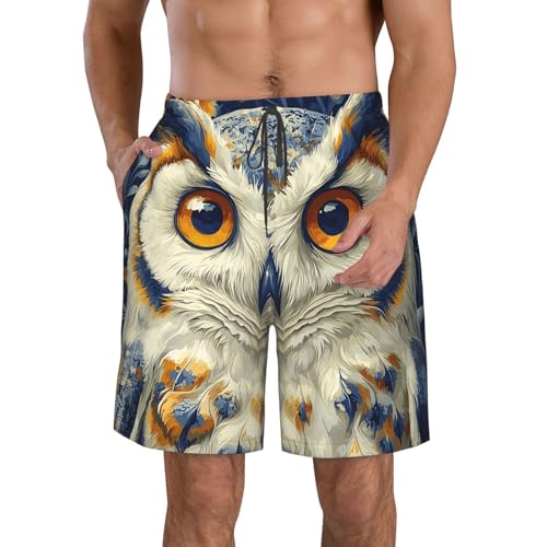 Men Swim Trunks Beach Shorts Swimwear Summer Bathing Suits - Owl Retro
