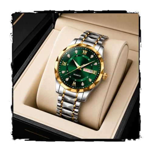 Image of GOLDENIZE FASHION Luxury Analog Roman Numeral Date Display Diamond Pattern Classics Stainless Steel Wrist Watch for Men