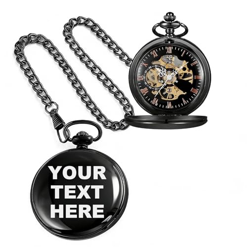 Image of Mens Pocket Watch Skeleton Mechanical Hand Winding Half Hunter Silver Black Golden Case Roman Numerals with Gift Box