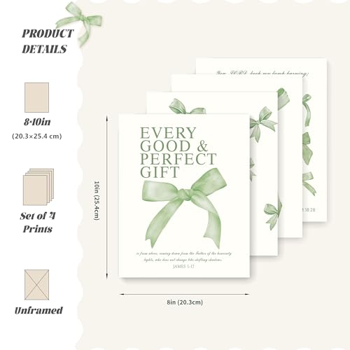 Image of LARTSFRO Coquette Sage Green Bow Wall Art Decor Posters, Sage Green Bow Room Bedroom Bathroom Dorm Wall Art Decor Aesthetic for Teen Girls Gifts, Inspirational Bible Verses Bow Wall Decor, 10x8 Inch Set of 4 Pcs Bow Pictures (UNFRAMED)