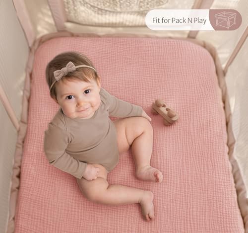 Image of Blissful Diary Muslin Mini Crib Sheets, 2 Pack, Pink Floral&Light Pink | fitted for pack n play, soft and breathable cotton, boho style, easy care for machine wash, gifts for boys and girls