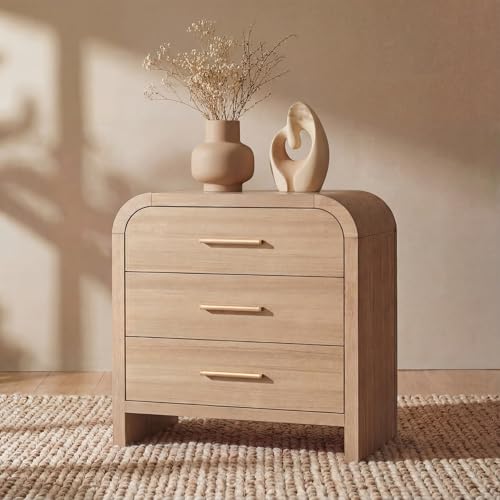 EliteSet Farmhouse Nightstand, 23.5' Curved Modern Night Stand with 3-Drawer, Bedside Table, End Table for Bedroom, Storage Cabinet Furniture, Oak