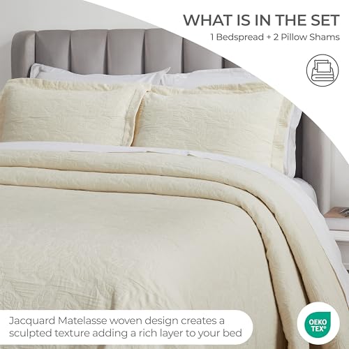 Superior 3 Piece Cotton Bedspread Set, Home Bed Decor, Decorative Bed Spread, 2 Pillow Shams, Medium Weight Blanket, Matelasse Coverlet, Bedding Essentials, Hibiscus Collection, Queen, Ivory