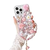 Threesee for iPhone 13 Bling Case, Luxury Crystal Rhinestone Flowers Glitter Diamond Pearl Women Girls Kids Case Cover with Lanyard for iPhone 13 6.1 Inch, Clear Acrylic Protective Bumper