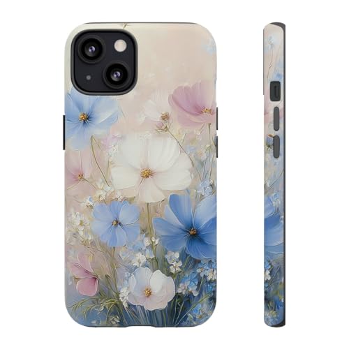 Coque iPhone 13 rigide mate bleu pastel avec motif bouquet floral