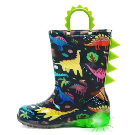 HugRain Botas De Chuva Para Meninos E Meninas, Sapatos Borracha Impermeáveis Com Luzes, Estampados Lama, Leves Adoráveis, Alças Fáceis Calçar, Sola Antiderrapante, Dinossauro Verde Marinho, Tamanho