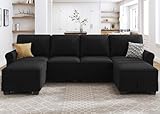 HONBAY Convertible Sectional Sofa with Storage Seat Velvet U Shaped Sectional Couch with Reversible Chaise 6 Seat Sofa for Living Room,Black Velvet