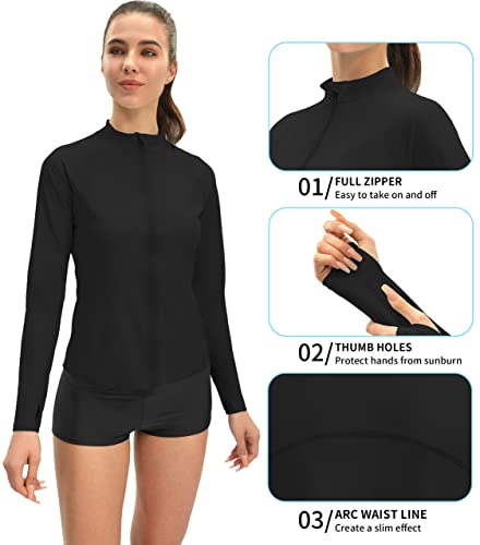 Rash Guard For Women - Long Sleeve Rashguard For Women Swim Shirt Uv Upf 50 Sun Protection Zip Up Swimming Shirts (Black L) #TOP3