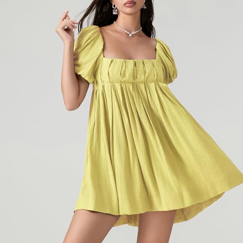 Image of Women Y2k Puff Sleeve Babydoll Dresses Square Neck Tie Back Mini Dress Summer Solid Off Shoulder Flowy Sundress