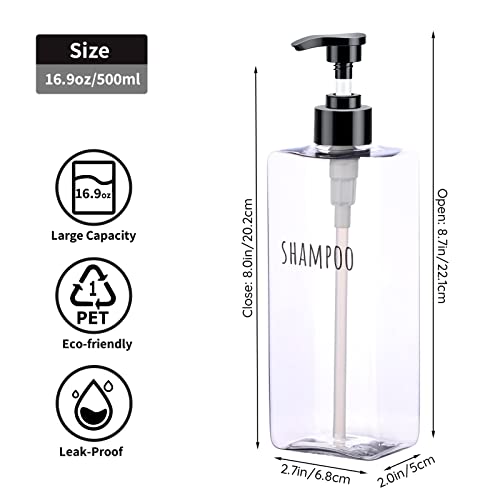 Image of Segbeauty Clear Square Shampoo Bottles, 3pcs 16.9oz Refillable Plastic Lotion Dispenser with Pump, 500ml Empty Reusable Bathroom Shower Bottle Dispense Shampoo Conditioner Body Soap Liquid Gel